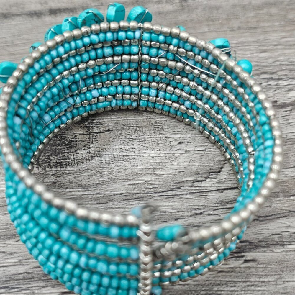 ❤️Western Boho Blue Faux Turquoise Blossom Flower Vintage Beaded Cuff Bracelet - Picture 6 of 8